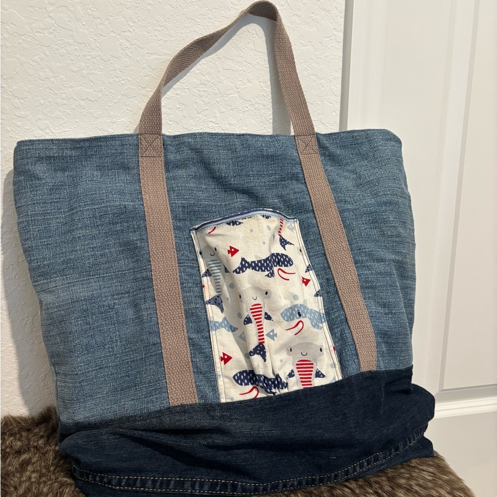 Blue Denim Tote Bag with Nautical Shark Print